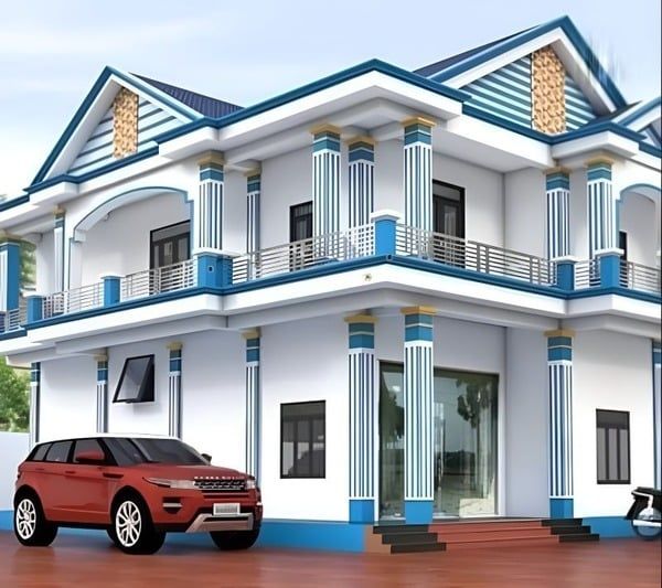Nhà sơn màu trắng sứ kết hợp màu xanh dương